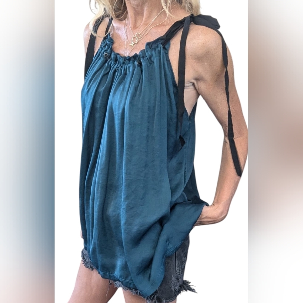 Lanvin Alber Elbaz Teal Draped Satin Open Back Top FR40 Made France